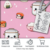 Cute Kawaii Sushi Rice Cooker Bowl Blush Pink Background Seamless Pattern Digital Print Fabric by the Metre UK Sewing Quilting Textile