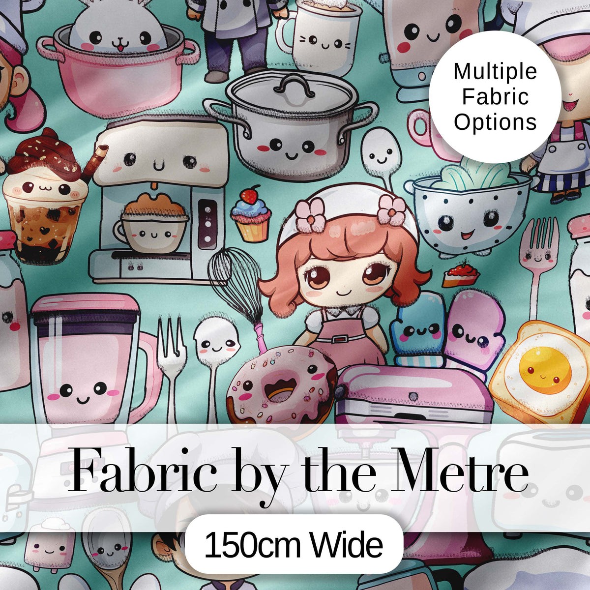 Cute Kawaii Baking Girl Kitchen Appliances Utensils Mint Background Seamless Pattern Digital Print Fabric by the Metre UK