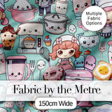 Cute Kawaii Baking Girl Kitchen Appliances Utensils Mint Background Seamless Pattern Digital Print Fabric by the Metre UK