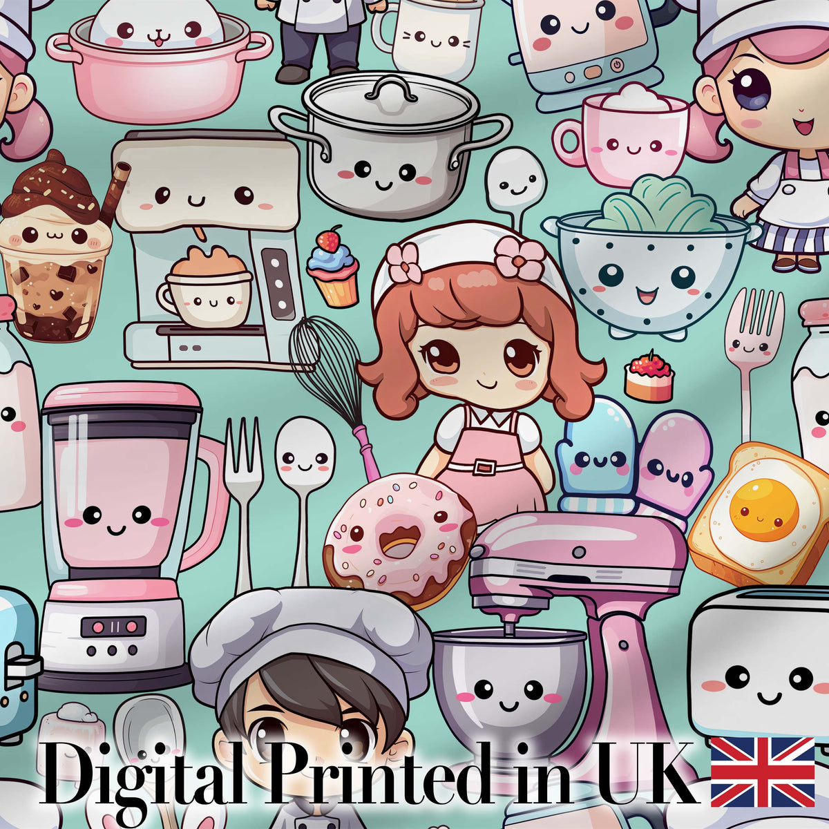 Cute Kawaii Baking Girl Kitchen Appliances Utensils Mint Background Seamless Pattern Digital Print Fabric by the Metre UK