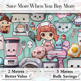 Cute Kawaii Baking Girl Kitchen Appliances Utensils Mint Background Seamless Pattern Digital Print Fabric by the Metre UK