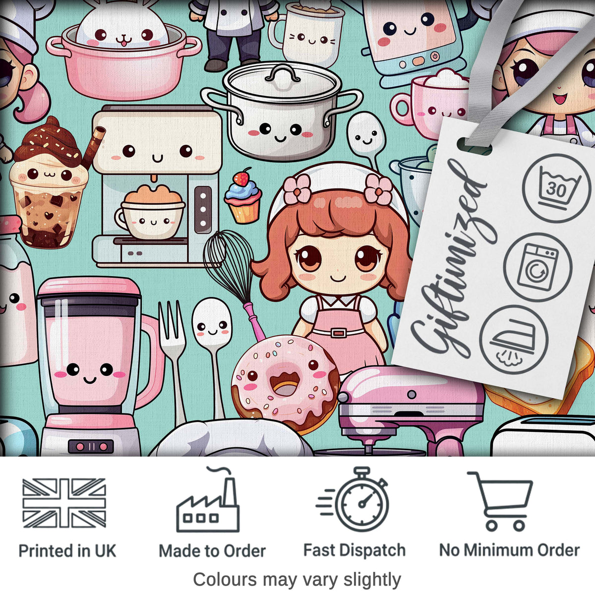 Cute Kawaii Baking Girl Kitchen Appliances Utensils Mint Background Seamless Pattern Digital Print Fabric by the Metre UK