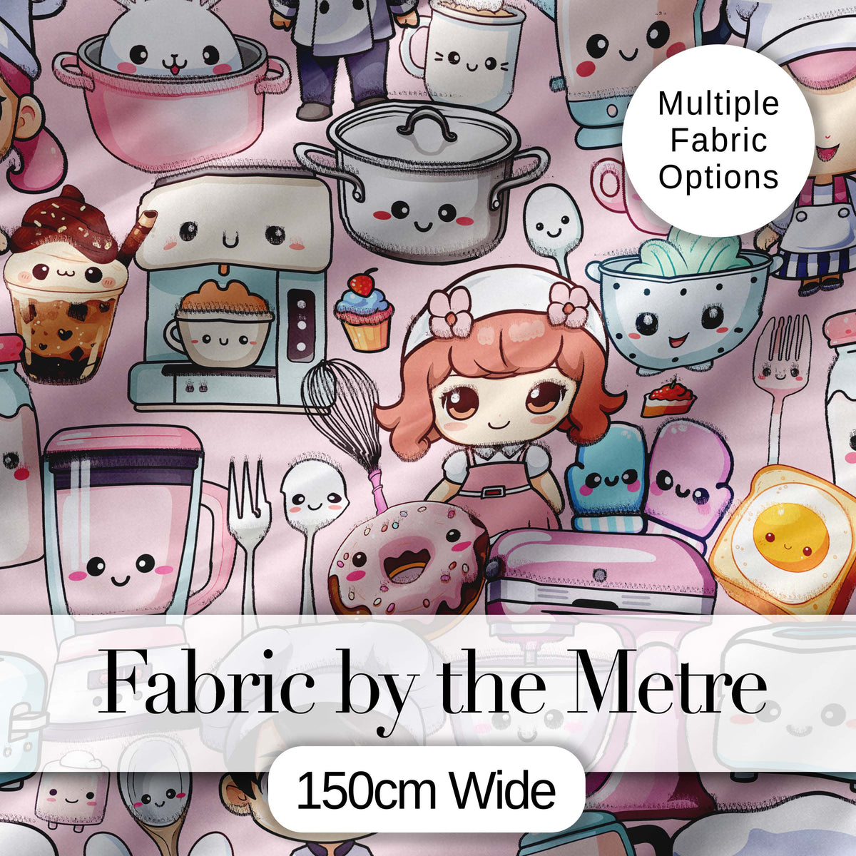 Cute Kawaii Baking Girl Kitchen Appliances Utensils Soft Pink Background Seamless Pattern Digital Print Fabric by the Metre UK
