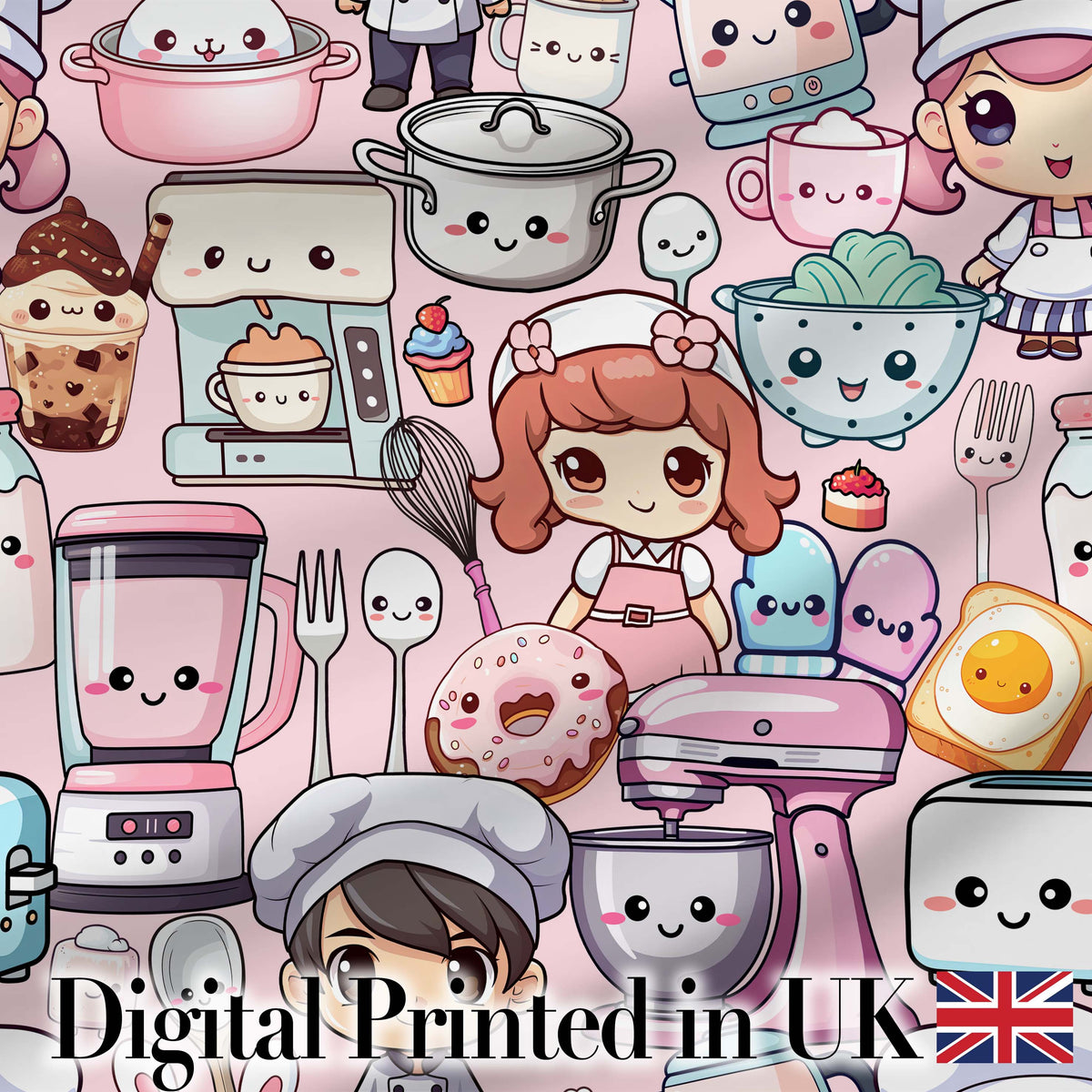 Cute Kawaii Baking Girl Kitchen Appliances Utensils Soft Pink Background Seamless Pattern Digital Print Fabric by the Metre UK
