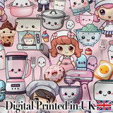 Cute Kawaii Baking Girl Kitchen Appliances Utensils Soft Pink Background Seamless Pattern Digital Print Fabric by the Metre UK
