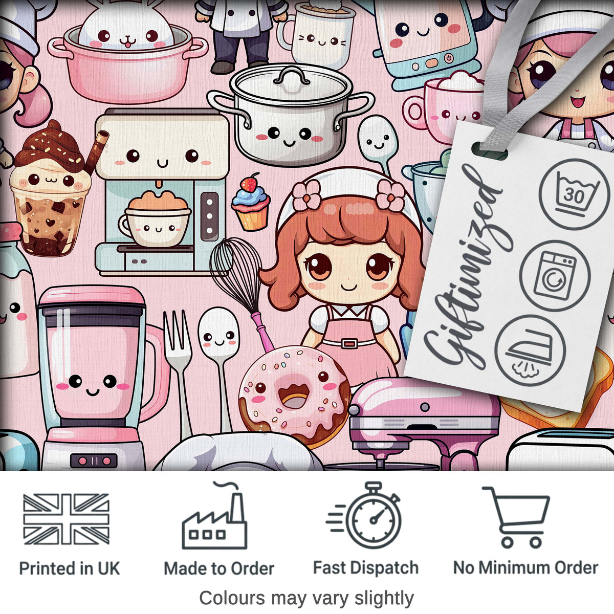 Cute Kawaii Baking Girl Kitchen Appliances Utensils Soft Pink Background Seamless Pattern Digital Print Fabric by the Metre UK