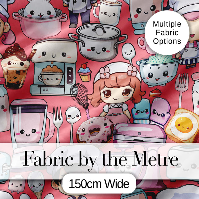 Cute Kawaii Baking Girl Kitchen Appliances Utensils Coral Background Seamless Pattern Digital Print Fabric by the Metre UK