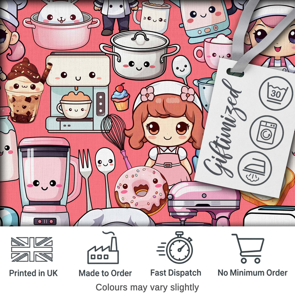 Cute Kawaii Baking Girl Kitchen Appliances Utensils Coral Background Seamless Pattern Digital Print Fabric by the Metre UK