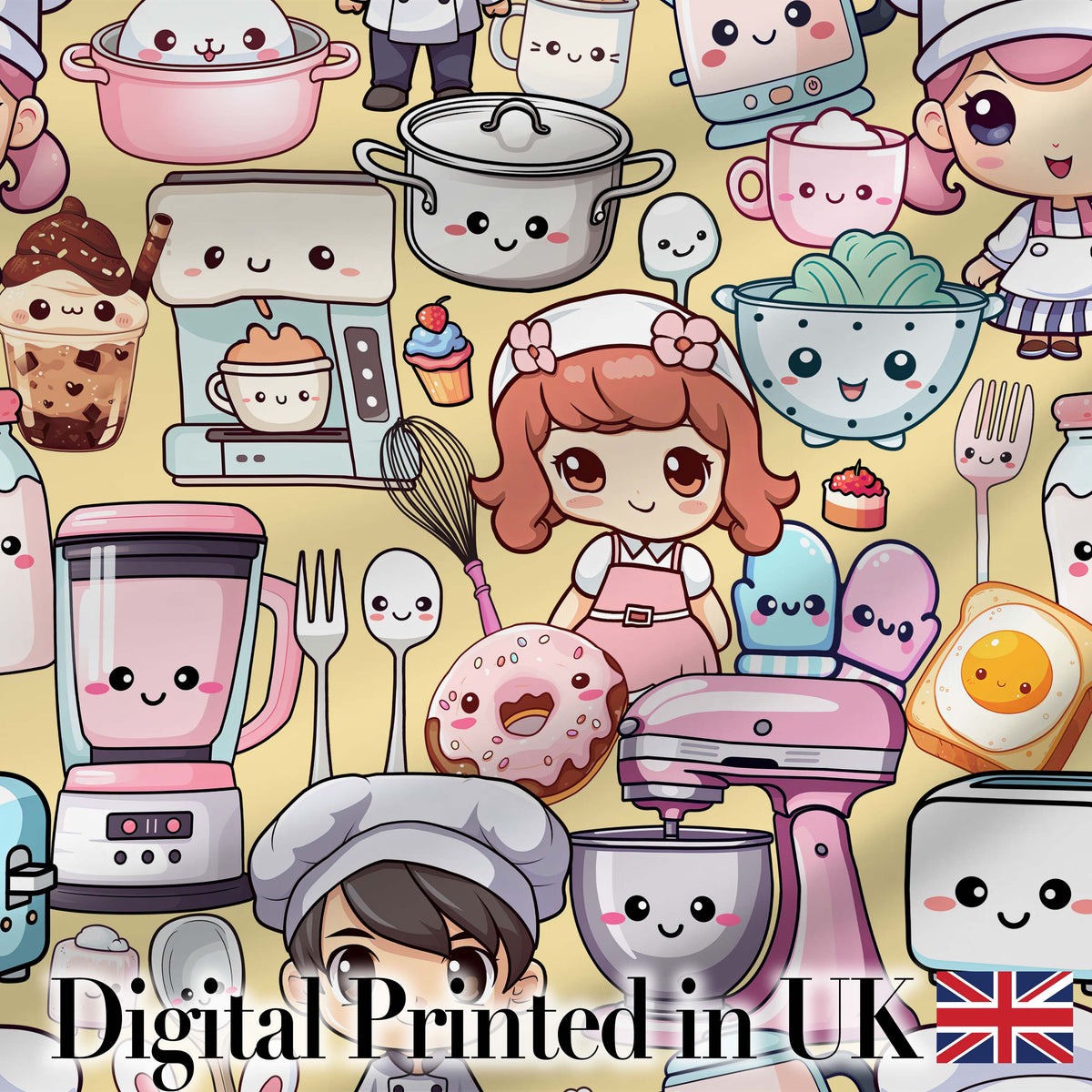 Cute Kawaii Baking Girl Kitchen Appliances Utensils Yellow Background Seamless Pattern Digital Print Fabric by the Metre UK