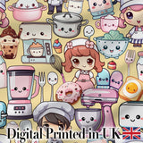 Cute Kawaii Baking Girl Kitchen Appliances Utensils Yellow Background Seamless Pattern Digital Print Fabric by the Metre UK