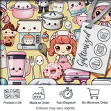 Cute Kawaii Baking Girl Kitchen Appliances Utensils Yellow Background Seamless Pattern Digital Print Fabric by the Metre UK