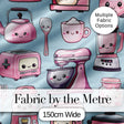 Cute Kawaii Kitchen Appliances Mixer Toaster Blender Blue Background Seamless Pattern Digital Print Fabric by the Metre UK