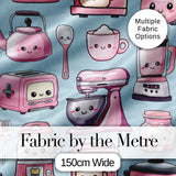 Cute Kawaii Kitchen Appliances Mixer Toaster Blender Blue Background Seamless Pattern Digital Print Fabric by the Metre UK