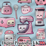 Cute Kawaii Kitchen Appliances Mixer Toaster Blender Blue Background Seamless Pattern Digital Print Fabric by the Metre UK