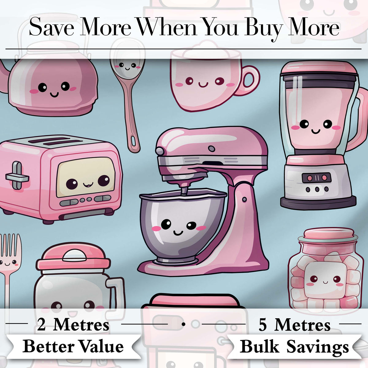 Cute Kawaii Kitchen Appliances Mixer Toaster Blender Blue Background Seamless Pattern Digital Print Fabric by the Metre UK