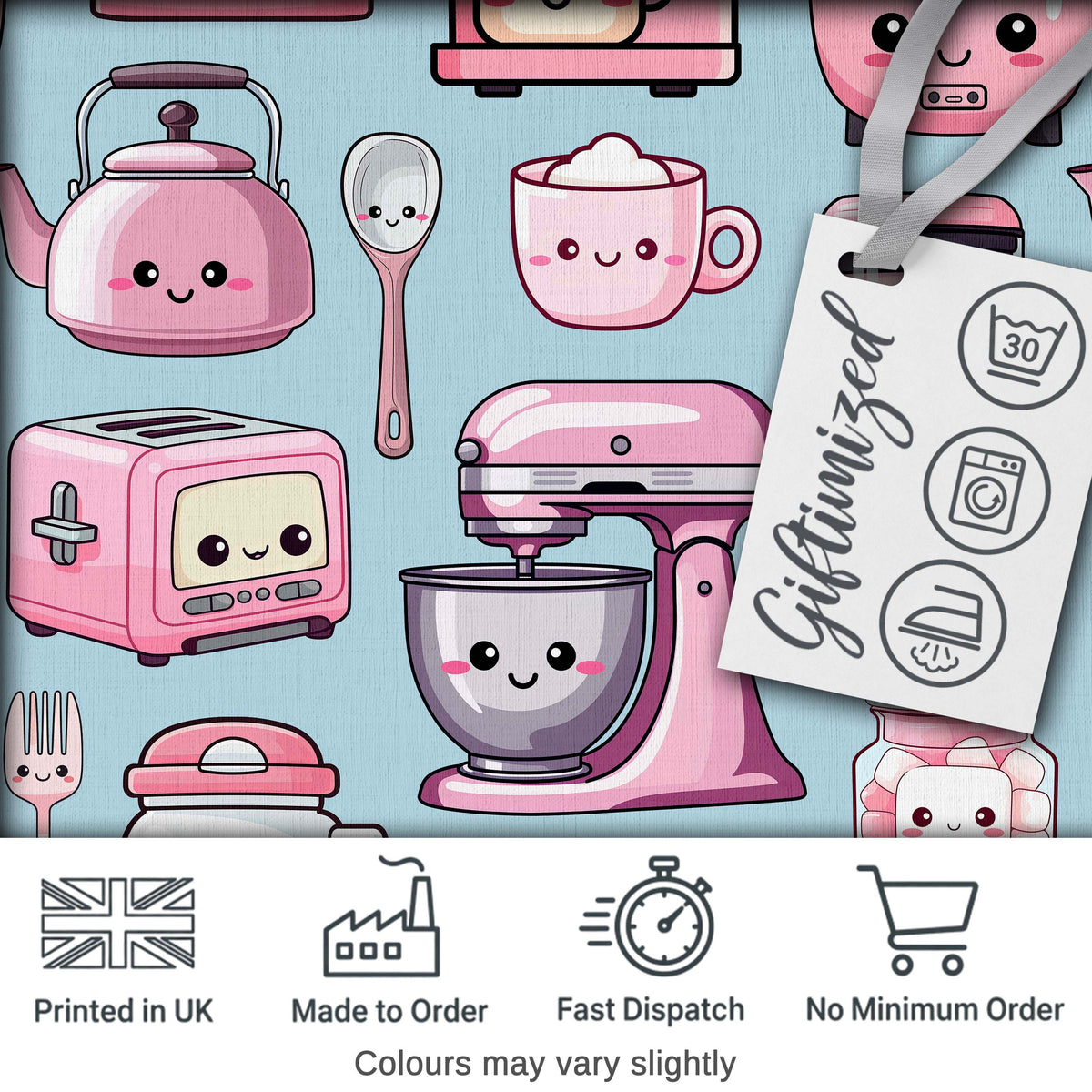 Cute Kawaii Kitchen Appliances Mixer Toaster Blender Blue Background Seamless Pattern Digital Print Fabric by the Metre UK