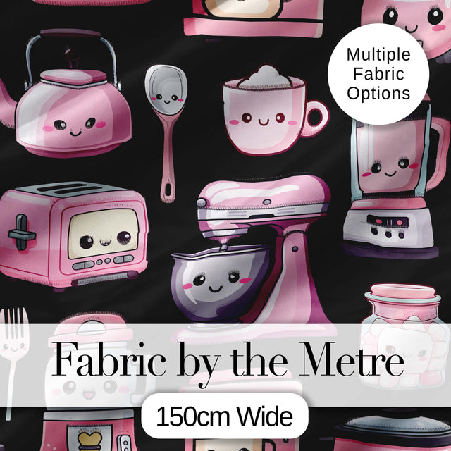 Cute Kawaii Kitchen Appliances Mixer Toaster Blender Black Background Seamless Pattern Digital Print Fabric by the Metre UK
