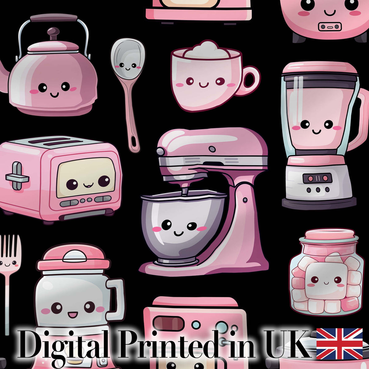 Cute Kawaii Kitchen Appliances Mixer Toaster Blender Black Background Seamless Pattern Digital Print Fabric by the Metre UK