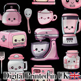 Cute Kawaii Kitchen Appliances Mixer Toaster Blender Black Background Seamless Pattern Digital Print Fabric by the Metre UK