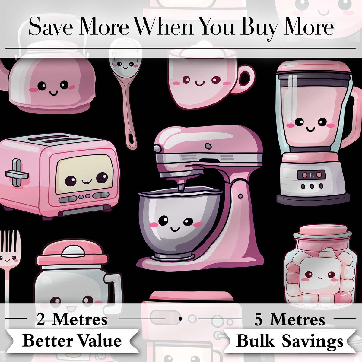Cute Kawaii Kitchen Appliances Mixer Toaster Blender Black Background Seamless Pattern Digital Print Fabric by the Metre UK