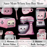 Cute Kawaii Kitchen Appliances Mixer Toaster Blender Black Background Seamless Pattern Digital Print Fabric by the Metre UK