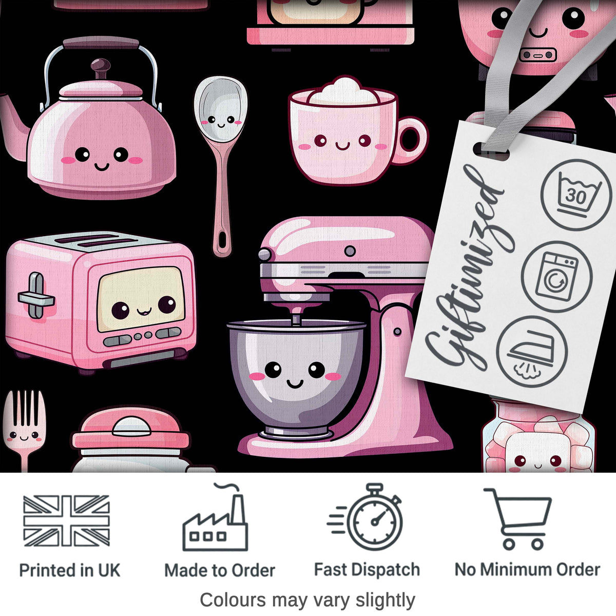 Cute Kawaii Kitchen Appliances Mixer Toaster Blender Black Background Seamless Pattern Digital Print Fabric by the Metre UK