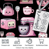 Cute Kawaii Kitchen Appliances Mixer Toaster Blender Black Background Seamless Pattern Digital Print Fabric by the Metre UK