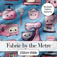 Cute Kawaii Kitchen Appliances Mixer Toaster Blender Blue Background Seamless Pattern Digital Print Fabric by the Metre UK