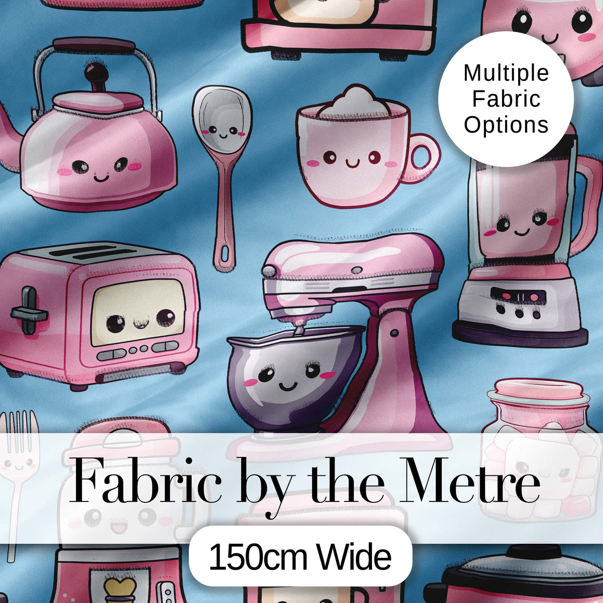 Cute Kawaii Kitchen Appliances Mixer Toaster Blender Blue Background Seamless Pattern Digital Print Fabric by the Metre UK