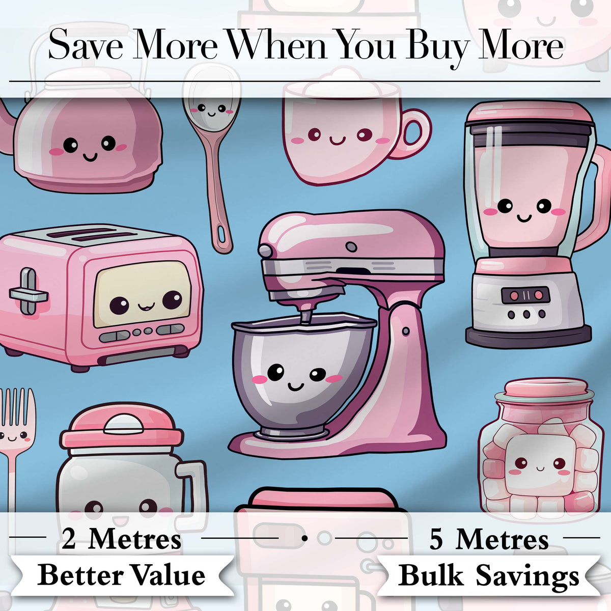 Cute Kawaii Kitchen Appliances Mixer Toaster Blender Blue Background Seamless Pattern Digital Print Fabric by the Metre UK