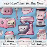 Cute Kawaii Kitchen Appliances Mixer Toaster Blender Blue Background Seamless Pattern Digital Print Fabric by the Metre UK