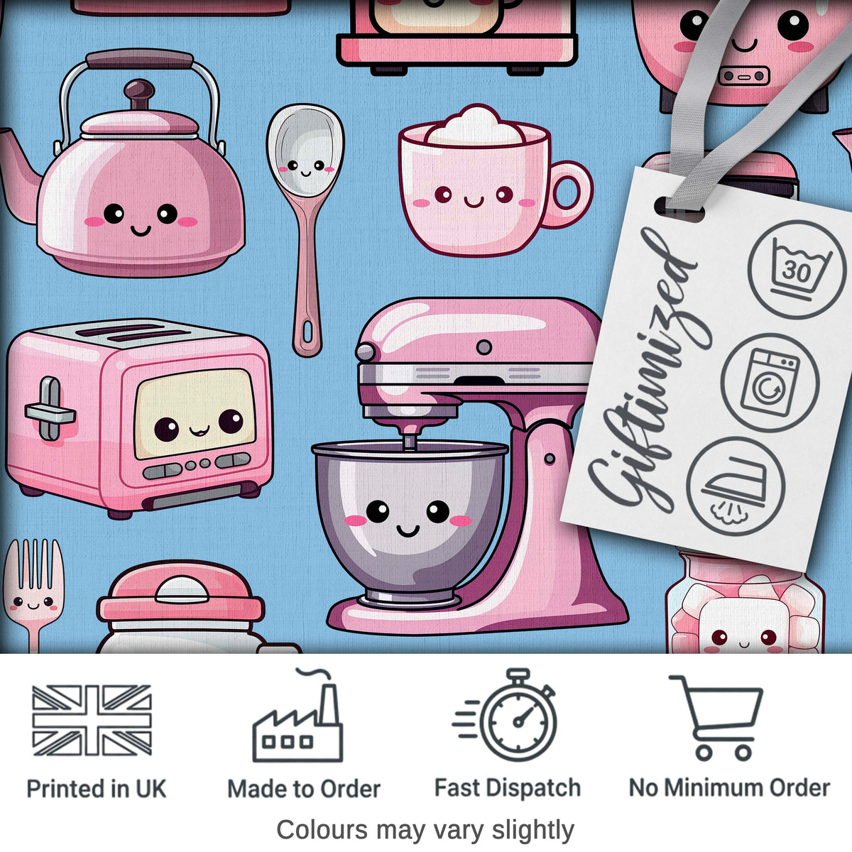 Cute Kawaii Kitchen Appliances Mixer Toaster Blender Blue Background Seamless Pattern Digital Print Fabric by the Metre UK