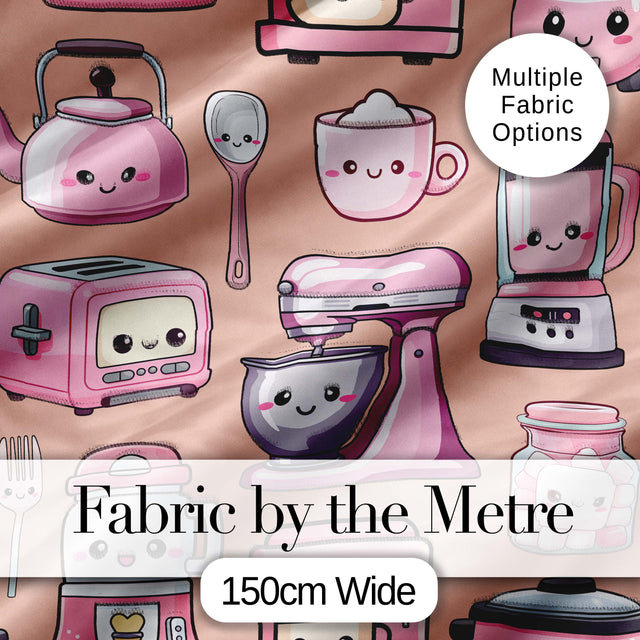 Cute Kawaii Kitchen Appliances Mixer Toaster Blender Peach Background Seamless Pattern Digital Print Fabric by the Metre UK