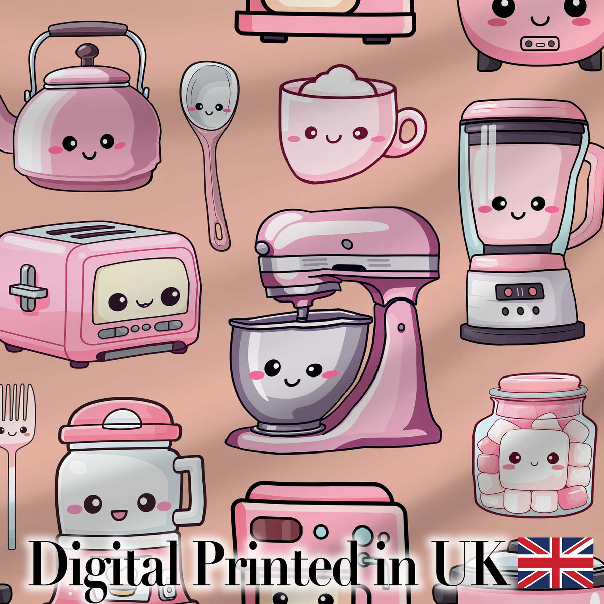 Cute Kawaii Kitchen Appliances Mixer Toaster Blender Peach Background Seamless Pattern Digital Print Fabric by the Metre UK