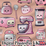 Cute Kawaii Kitchen Appliances Mixer Toaster Blender Peach Background Seamless Pattern Digital Print Fabric by the Metre UK