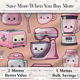 Cute Kawaii Kitchen Appliances Mixer Toaster Blender Peach Background Seamless Pattern Digital Print Fabric by the Metre UK