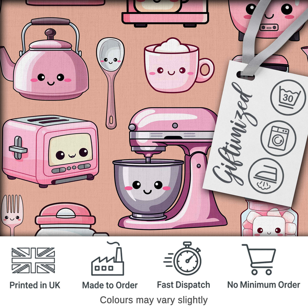 Cute Kawaii Kitchen Appliances Mixer Toaster Blender Peach Background Seamless Pattern Digital Print Fabric by the Metre UK