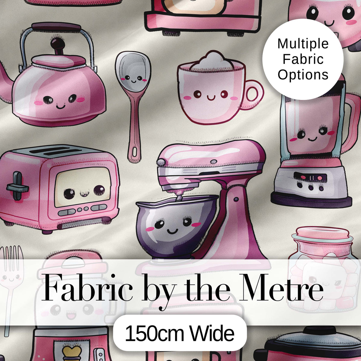 Cute Kawaii Kitchen Appliances Mixer Toaster Blender Cream Background Seamless Pattern Digital Print Fabric by the Metre UK