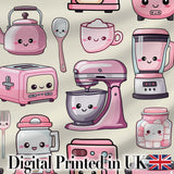 Cute Kawaii Kitchen Appliances Mixer Toaster Blender Cream Background Seamless Pattern Digital Print Fabric by the Metre UK