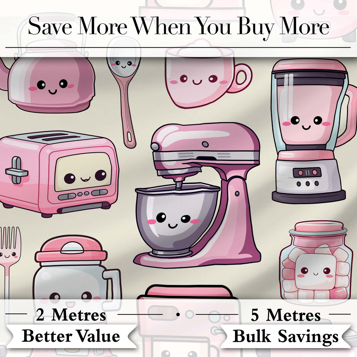 Cute Kawaii Kitchen Appliances Mixer Toaster Blender Cream Background Seamless Pattern Digital Print Fabric by the Metre UK