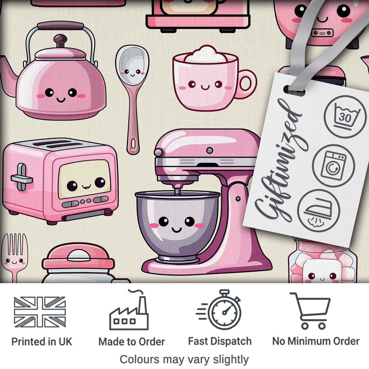 Cute Kawaii Kitchen Appliances Mixer Toaster Blender Cream Background Seamless Pattern Digital Print Fabric by the Metre UK