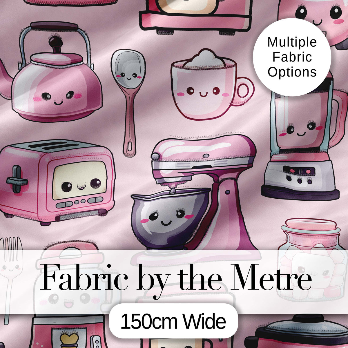 Cute Kawaii Kitchen Appliances Mixer Toaster Blender Teal Background Seamless Pattern Digital Print Fabric by the Metre UK