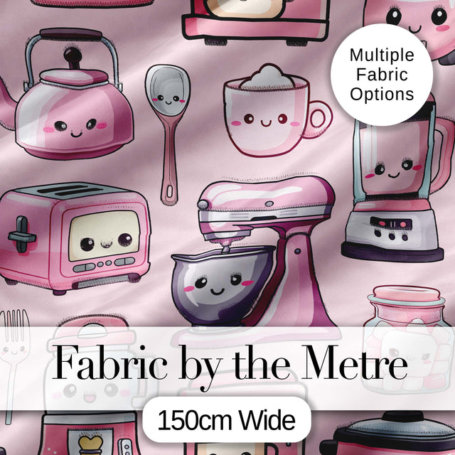 Cute Kawaii Kitchen Appliances Mixer Toaster Blender Teal Background Seamless Pattern Digital Print Fabric by the Metre UK