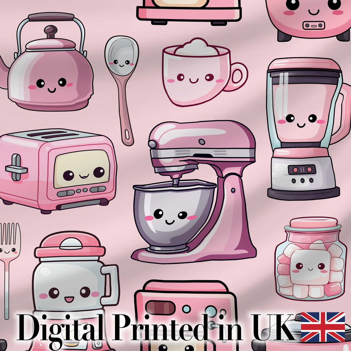 Cute Kawaii Kitchen Appliances Mixer Toaster Blender Teal Background Seamless Pattern Digital Print Fabric by the Metre UK