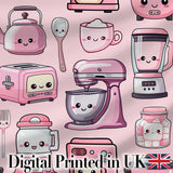 Cute Kawaii Kitchen Appliances Mixer Toaster Blender Teal Background Seamless Pattern Digital Print Fabric by the Metre UK