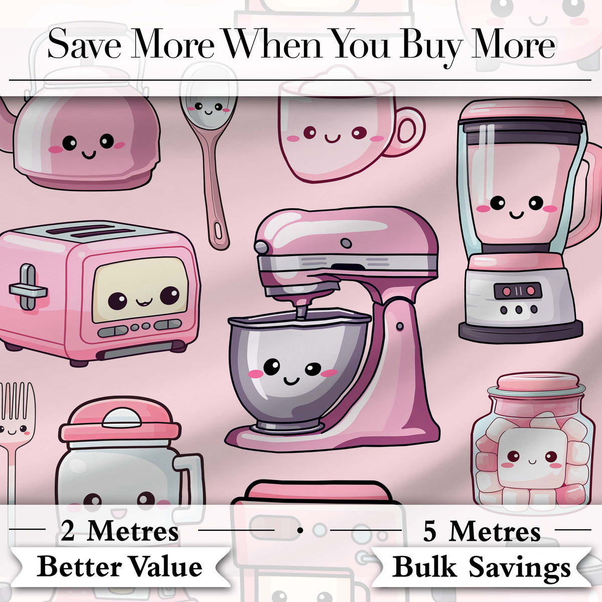 Cute Kawaii Kitchen Appliances Mixer Toaster Blender Teal Background Seamless Pattern Digital Print Fabric by the Metre UK
