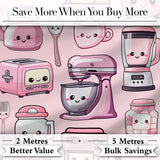 Cute Kawaii Kitchen Appliances Mixer Toaster Blender Teal Background Seamless Pattern Digital Print Fabric by the Metre UK