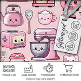 Cute Kawaii Kitchen Appliances Mixer Toaster Blender Teal Background Seamless Pattern Digital Print Fabric by the Metre UK