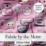 Cute Kawaii Kitchen Appliances Mixer Toaster Blender Blush Pink Background Seamless Pattern Digital Print Fabric by the Metre UK
