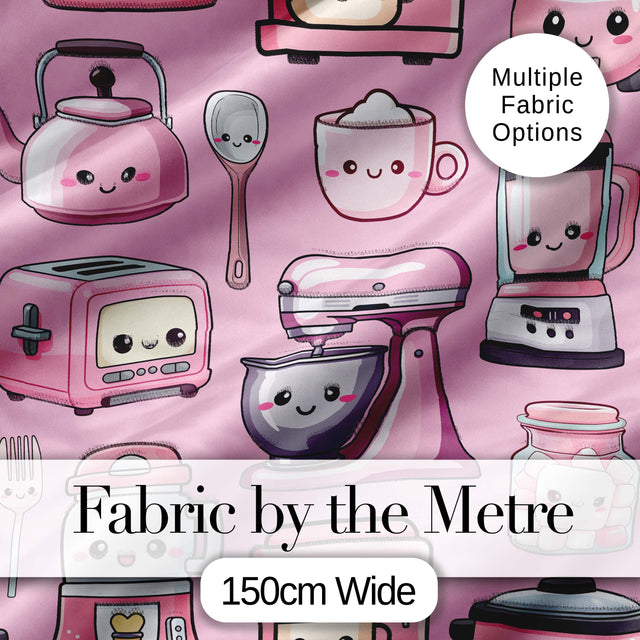 Cute Kawaii Kitchen Appliances Mixer Toaster Blender Blush Pink Background Seamless Pattern Digital Print Fabric by the Metre UK